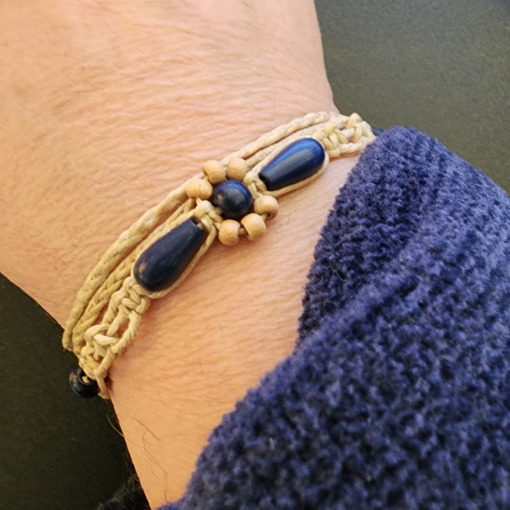 Boho Wrap Bracelet All Natural Hemp, Rugged, Earthy, Hippie, Blue Beads
